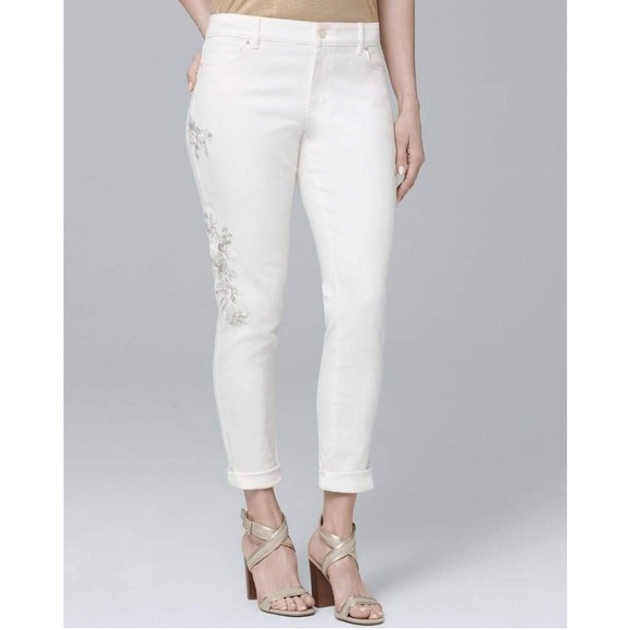 WHITE HOUSE BLACK MARKET White Women’s Denim Floral Embroidered Crop Jeans SZ 2 - Picture 14 of 15
